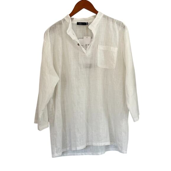 NWT Linen Blend White Roll Tab Sleeve Button V-Neck Pullover Tunic Cover-Up L - Picture 1 of 9
